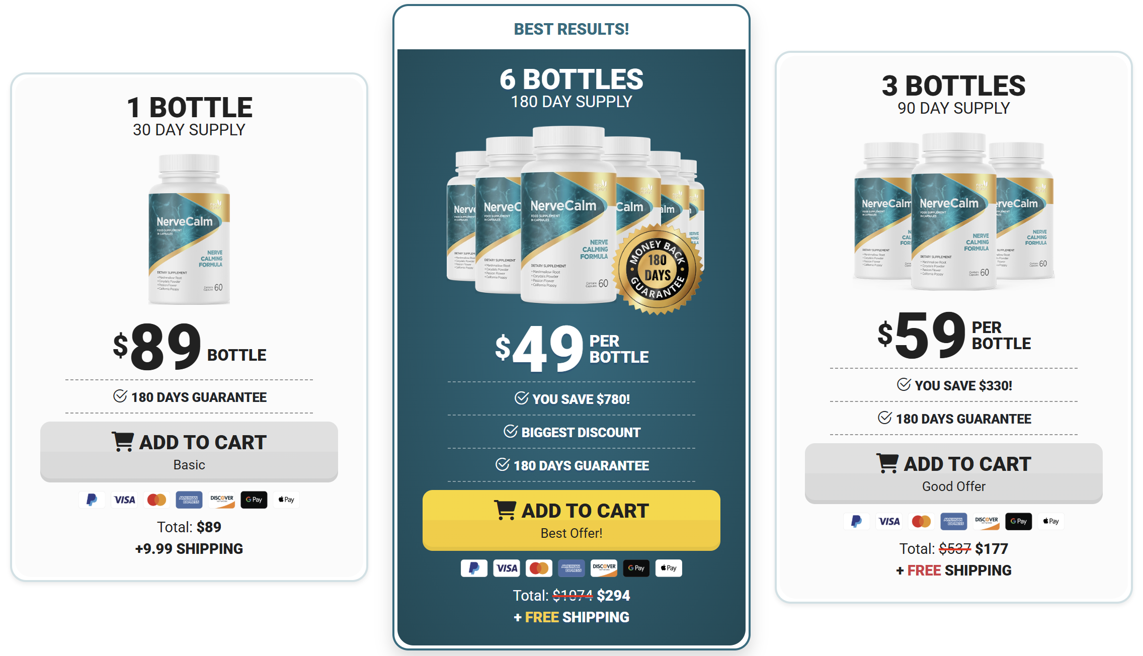 NerveCalm pricing packages 1 3 6 bottles